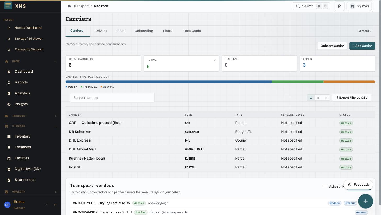 Carrier network workspace with imported carrier accounts and tariff grids