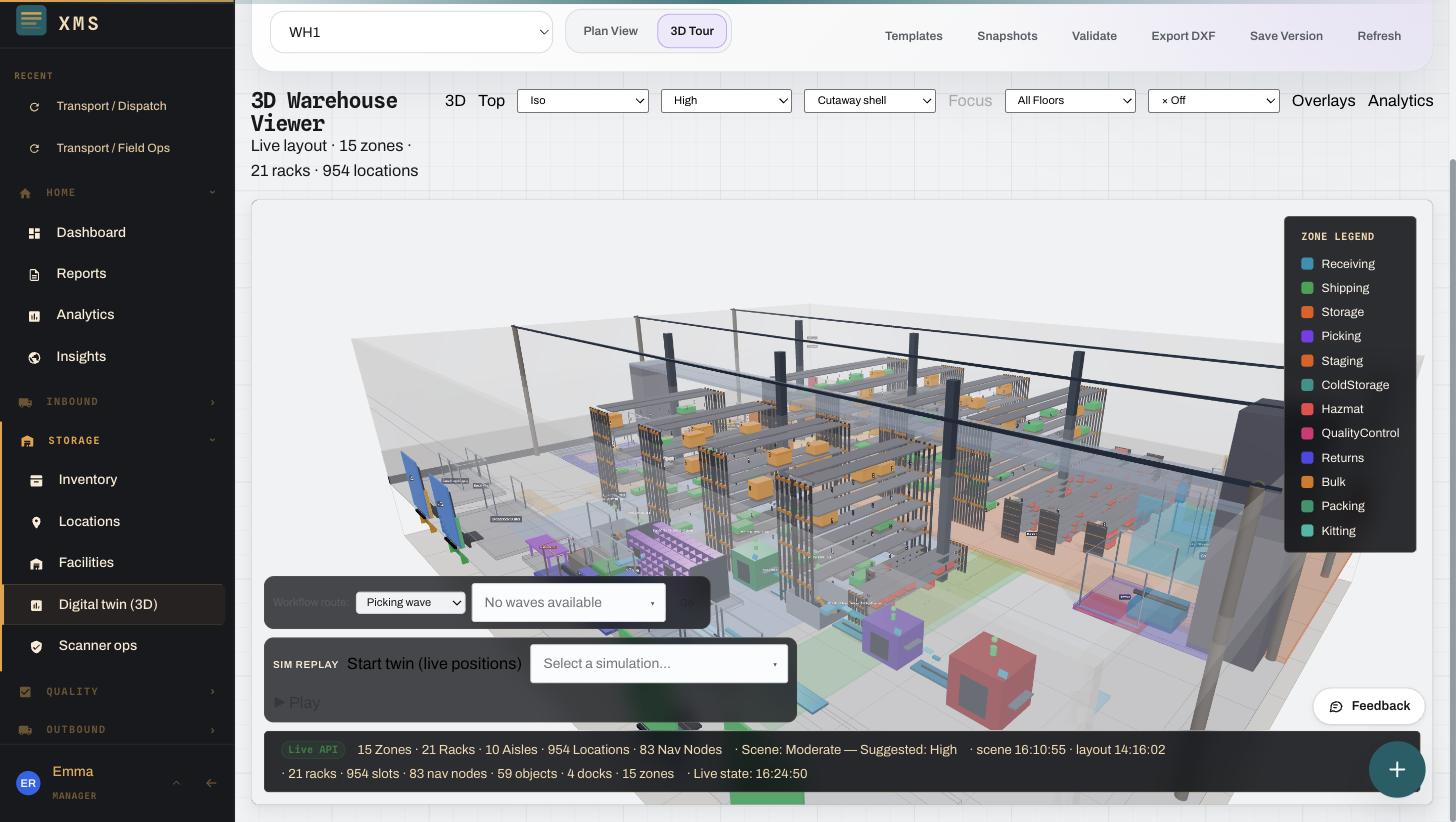 Live 3D warehouse twin with operational overlays